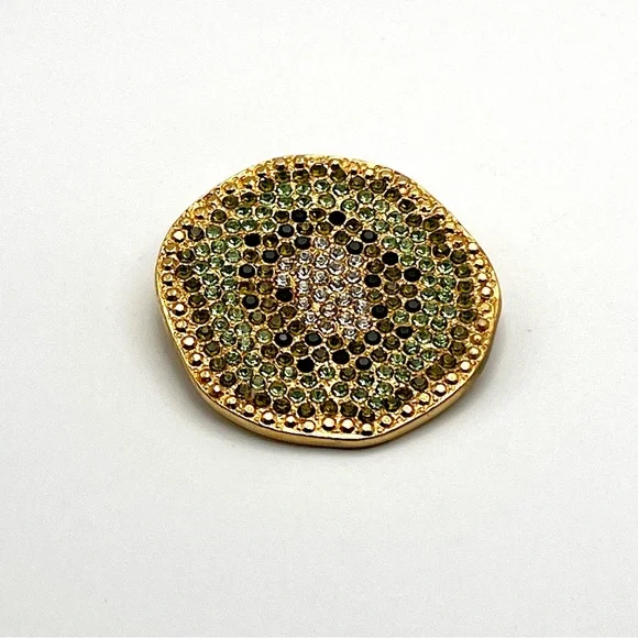 Vintage Carlisle Signed Swarovski Rhinestone Green Gold Kiwi Brooch - Picture 2 of 10